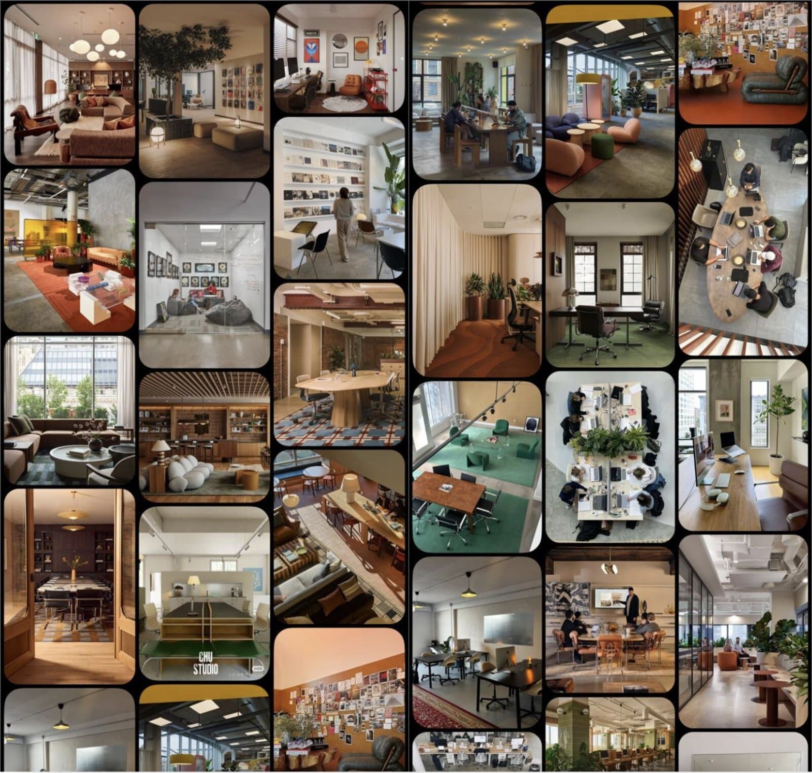 The Codes Health moodboard: a grid of warm, layered office references — lounges, long wood tables, gallery walls, and green meeting rooms